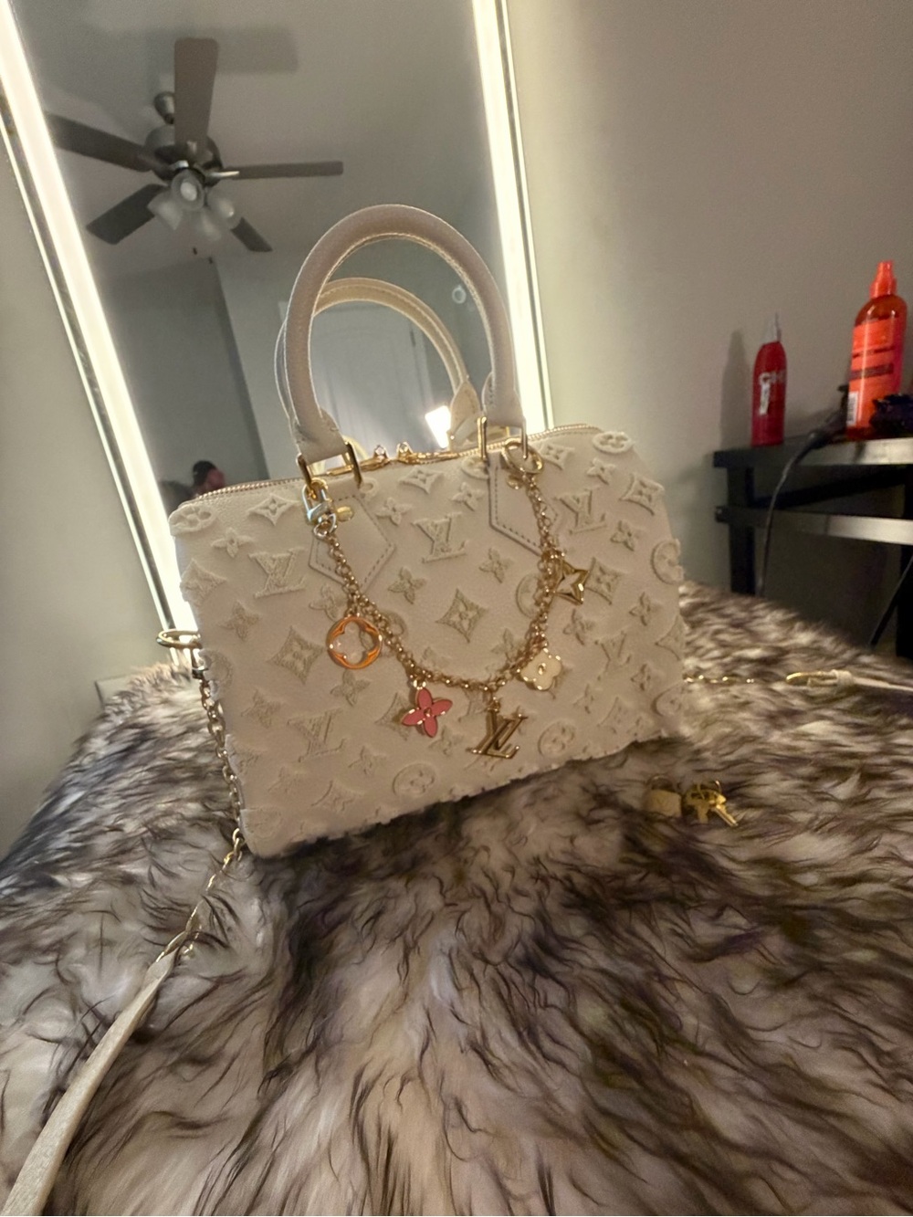 Cream Embossed Monogram Speedy with Gold Charm Chain